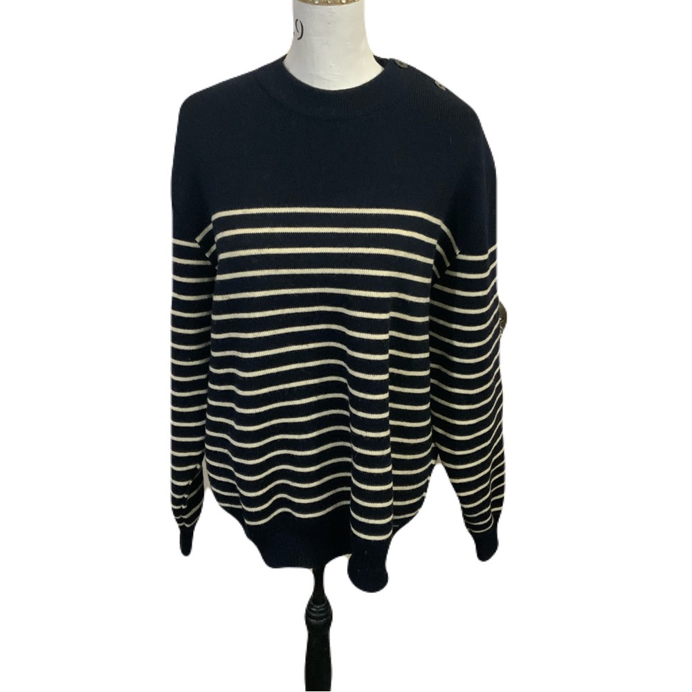 Saint James Black and Cream Striped Crewneck Sweater